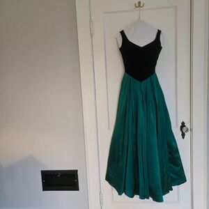 Black velvet and green satin gown